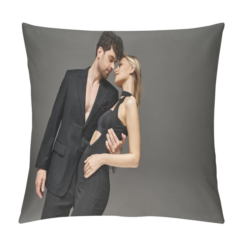 Personality  Beautiful Young Couple In Elegant Evening Attire Posing Together On Grey Background, Charm Pillow Covers