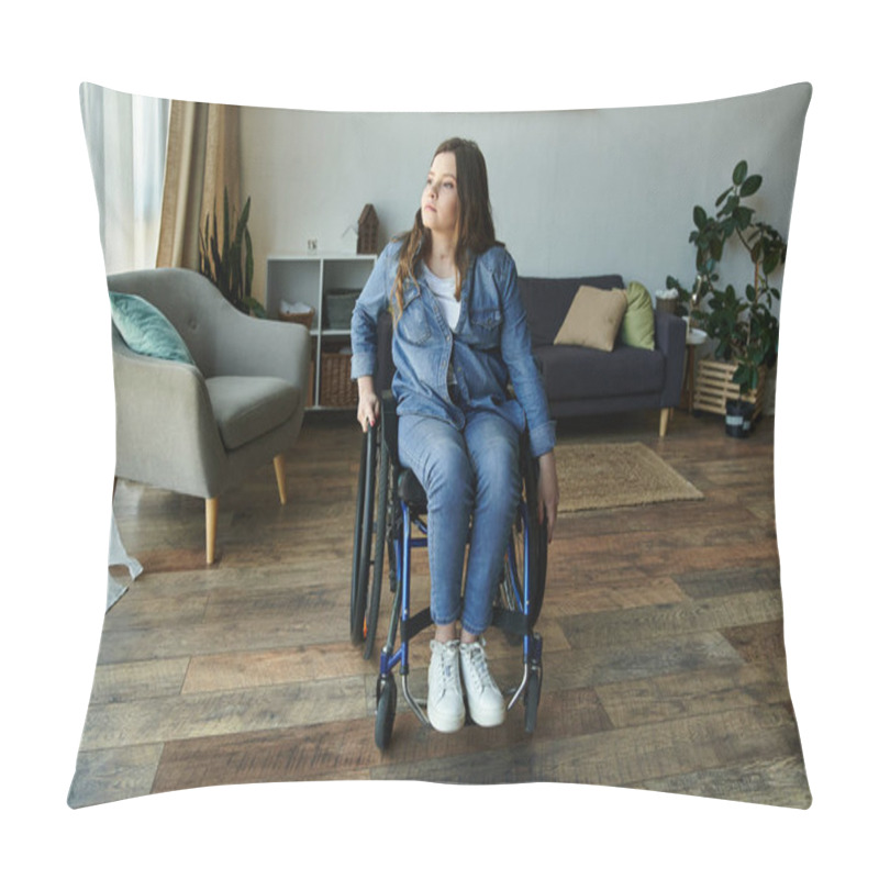 Personality  A Young Woman In A Wheelchair Sits In A Modern Apartment, Gazing Out The Window, Contemplating The Day Ahead. Pillow Covers