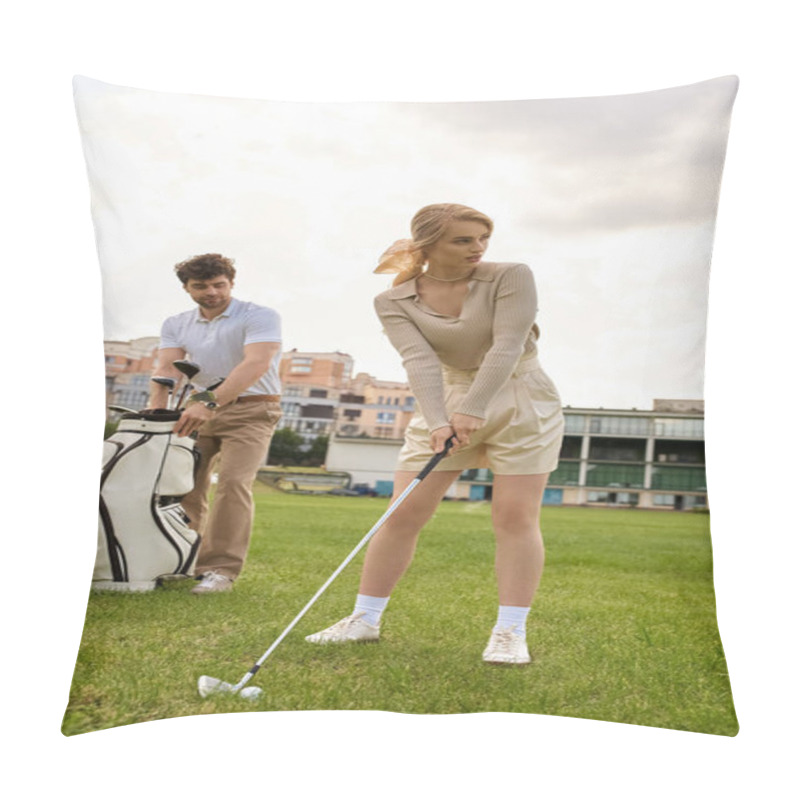 Personality  A Stylish Man And Woman Are Playing A Round Of Golf On A Lush, Green Field At A Prestigious Club, Enjoying Each Others Company. Pillow Covers