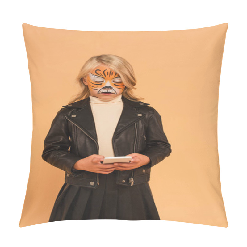 Personality  Kid In Black Leather Jacket And Tiger Makeup Chatting On Smartphone Isolated On Beige Pillow Covers