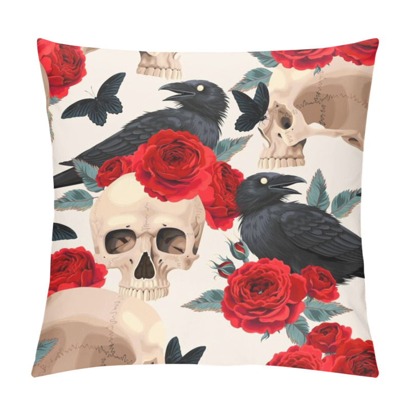 Personality  Seamless Pattern With Raven And Human Skull Pillow Covers