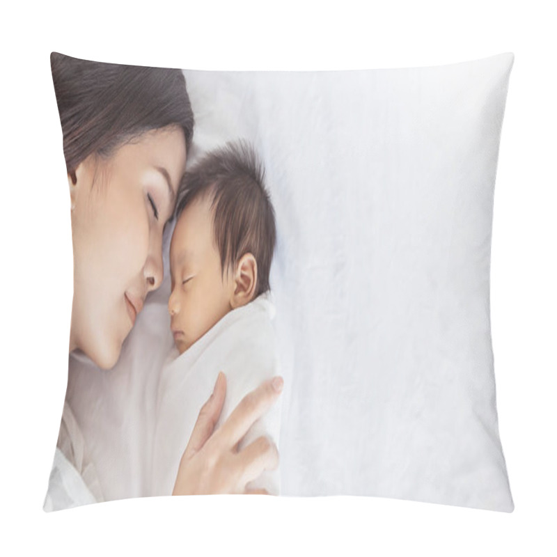 Personality  Close Up Portrait Of Beautiful Young Asian Or Caucasian Mother Girl Kissing Her Healthy Newborn Baby Sleep In Bed With Copy Space. Healthcare And Medical Love Asia Woman Lifestyle Mother's Day Concept Pillow Covers