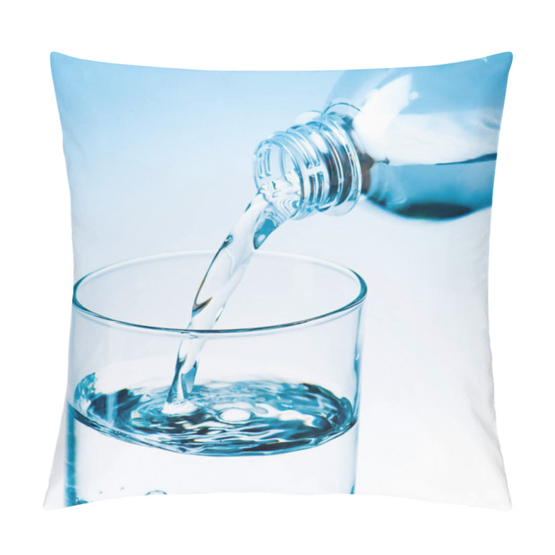 Personality  Close-up Shot Of Pouring Water From Plastic Bottle Into Glass, Toned In Blue Pillow Covers