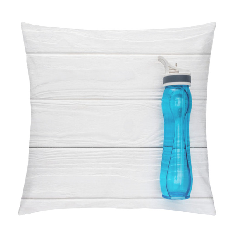 Personality  Top View Of Blue Sports Bottle With Water On White Wooden Surface Pillow Covers