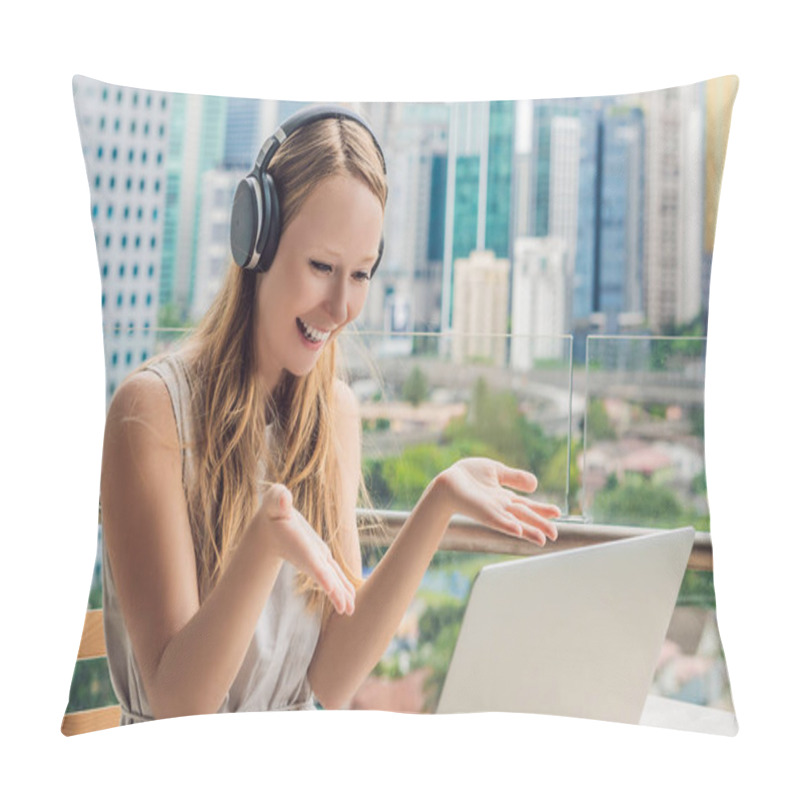 Personality  Young Woman Teaches A Foreign Language Or Learns A Foreign Language On The Internet On Her Balcony Against The Backdrop Of A Big City. Online Language School Lifestyle Pillow Covers