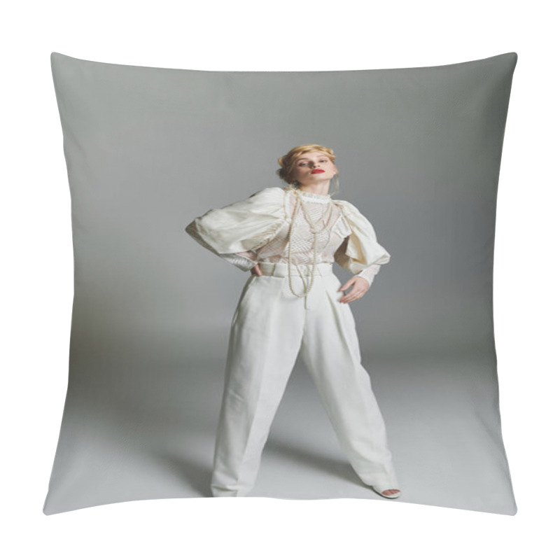 Personality  A Stylish Young Woman Wearing A White Blouse And Wide-leg Trousers Poses For A Photograph. Pillow Covers