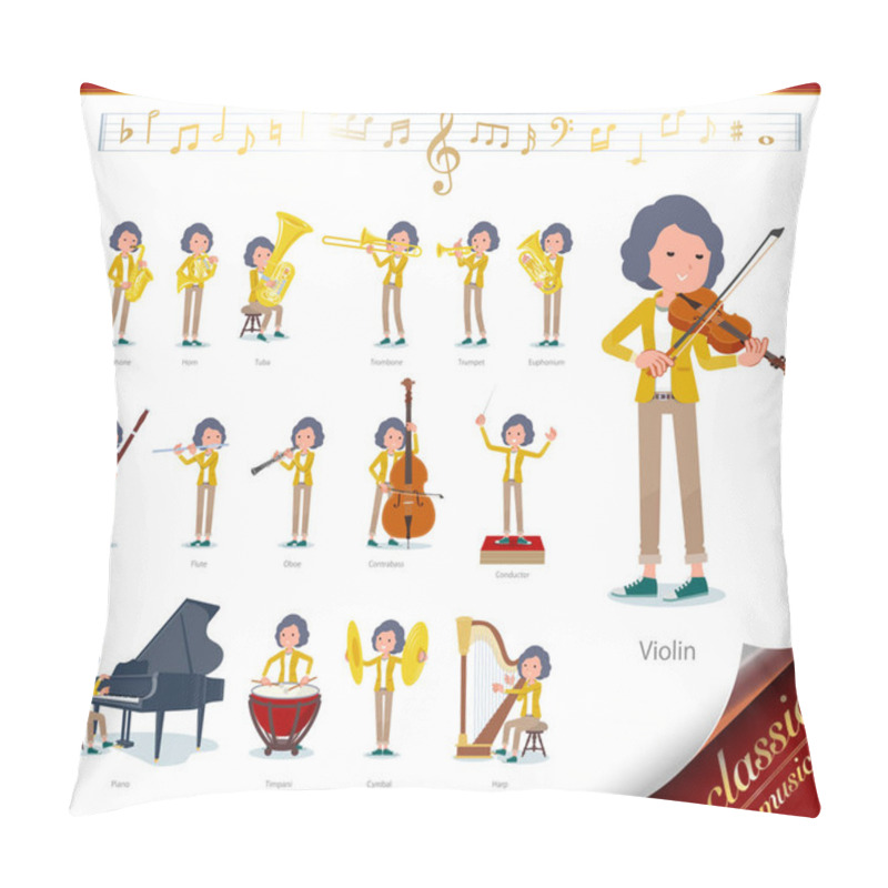 Personality  A Set Of Middle Women On Classical Music Performances.There Are Actions To Play Various Instruments Such As String Instruments And Wind Instruments.It's Vector Art So It's Easy To Edit. Pillow Covers