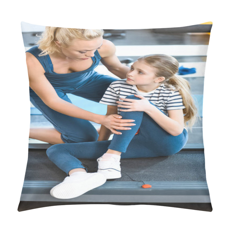 Personality  Woman Helping Girl Injured Knee Sitting On Treadmill Pillow Covers