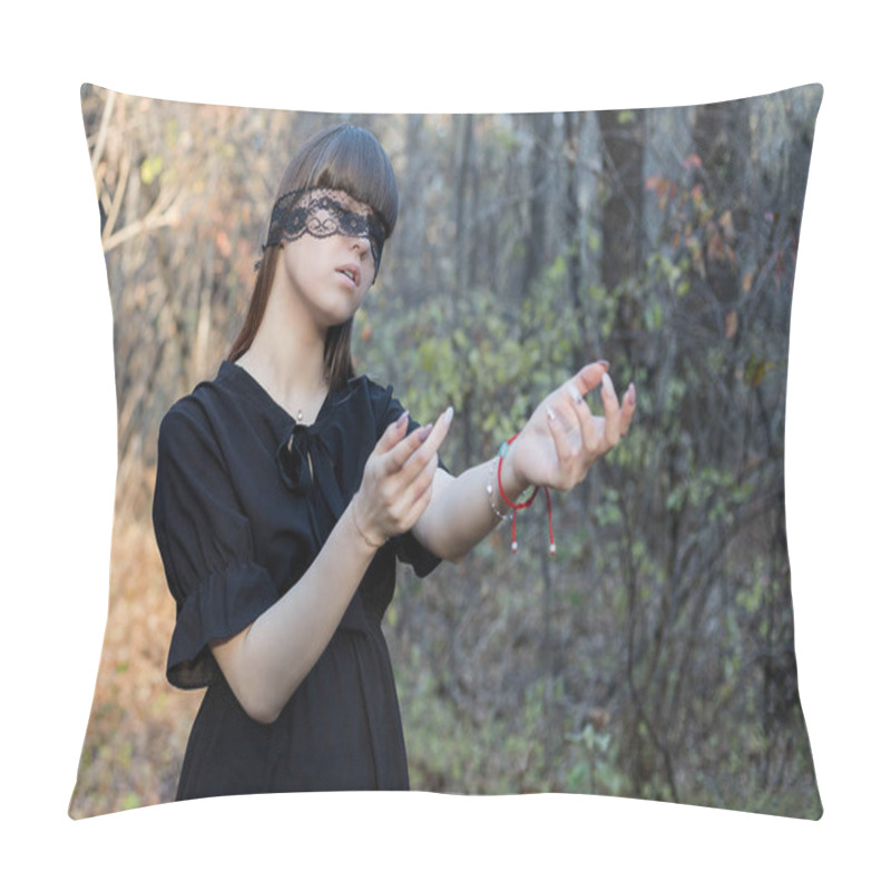 Personality  A Girl With A Blindfold And Outstretched Arms Looking For Someone In The Woods.Blind Girl. Pillow Covers