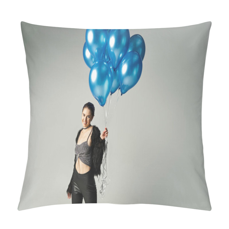 Personality  A Stylish Young Woman, The Birthday Girl, Smiling While Holding A Bunch Of Vibrant Blue Balloons. Pillow Covers