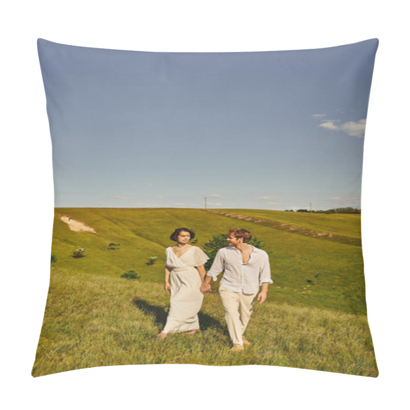 Personality  Rural Romance, Stylish Multiethnic Newlyweds Holding Hands And Walking On Green Field Under Blue Sky Pillow Covers