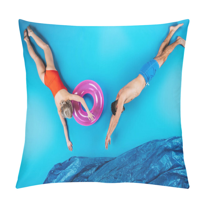 Personality  Young Couple Swimming In Imagine Sea On Blue, Summer Vacation Concept Pillow Covers