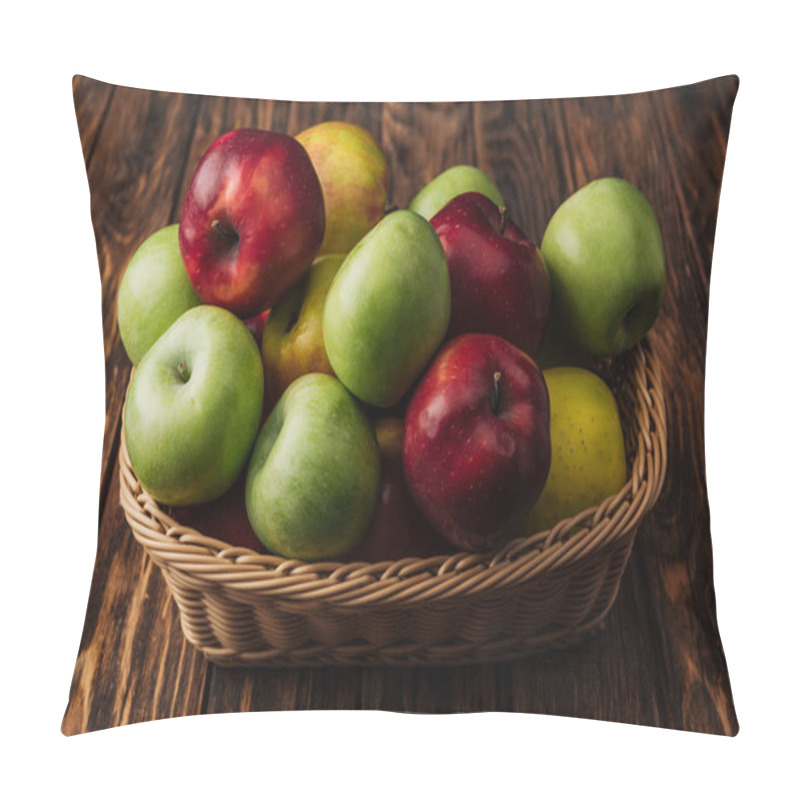 Personality  Wicker Basket With Delicious Red, Green And Yellow Apples On Wooden Table Pillow Covers