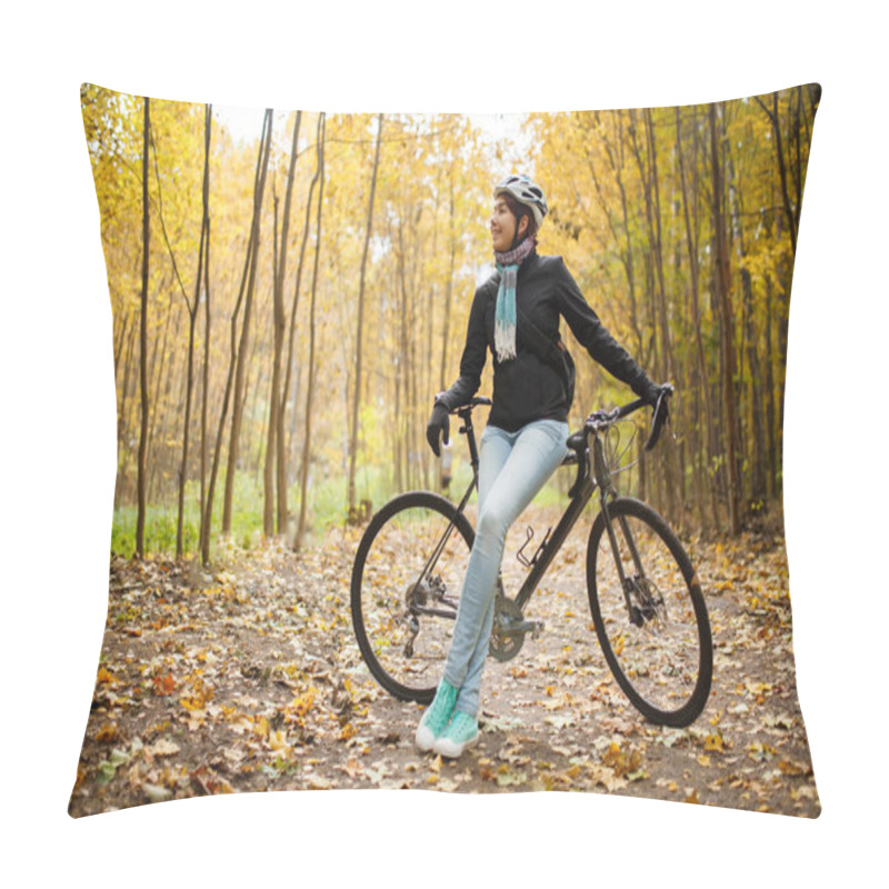 Personality  Picture Of Girl In Helmet, Jeans Next To Bicycle In Autumn Park Pillow Covers