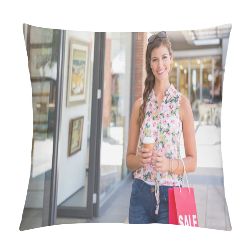 Personality  Portrait Of Smiling Woman Coffee To Go And Shop Pillow Covers