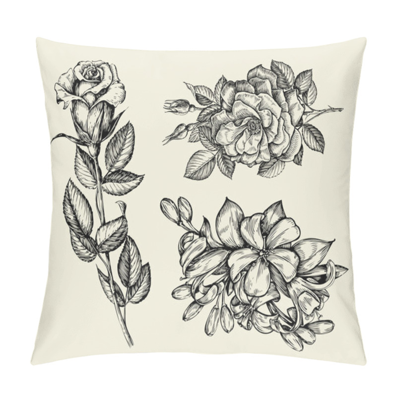 Personality  Flowers. Hand Drawn Sketch Flower, Rose, Floral Pattern. Vector Illustration Pillow Covers