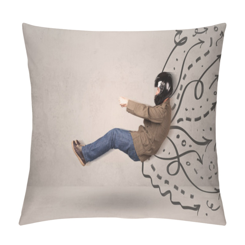 Personality  Funny Man Driving A Flying Vehicle With Hand Drawn Lines After H Pillow Covers