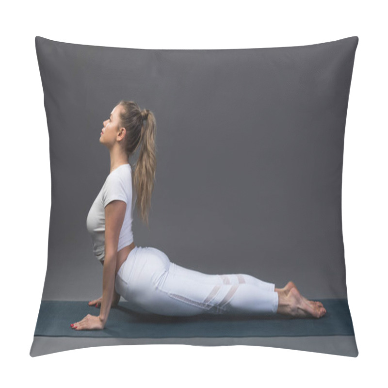 Personality  Sporty Young Woman Doing Yoga Practice On Black Background. Pillow Covers