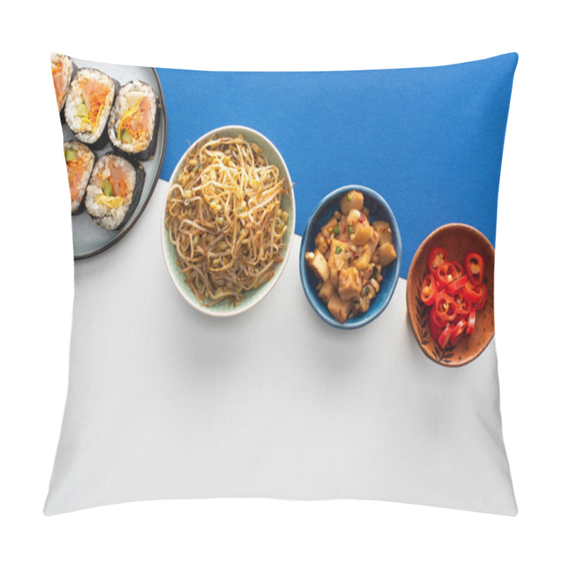 Personality  Top View Of Plate With Gimbap Near Korean Side Dishes On White And Blue  Pillow Covers