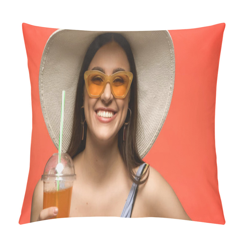 Personality  Pretty Model In Straw Hat Holding Cocktail In Plastic Cup Isolated On Coral  Pillow Covers