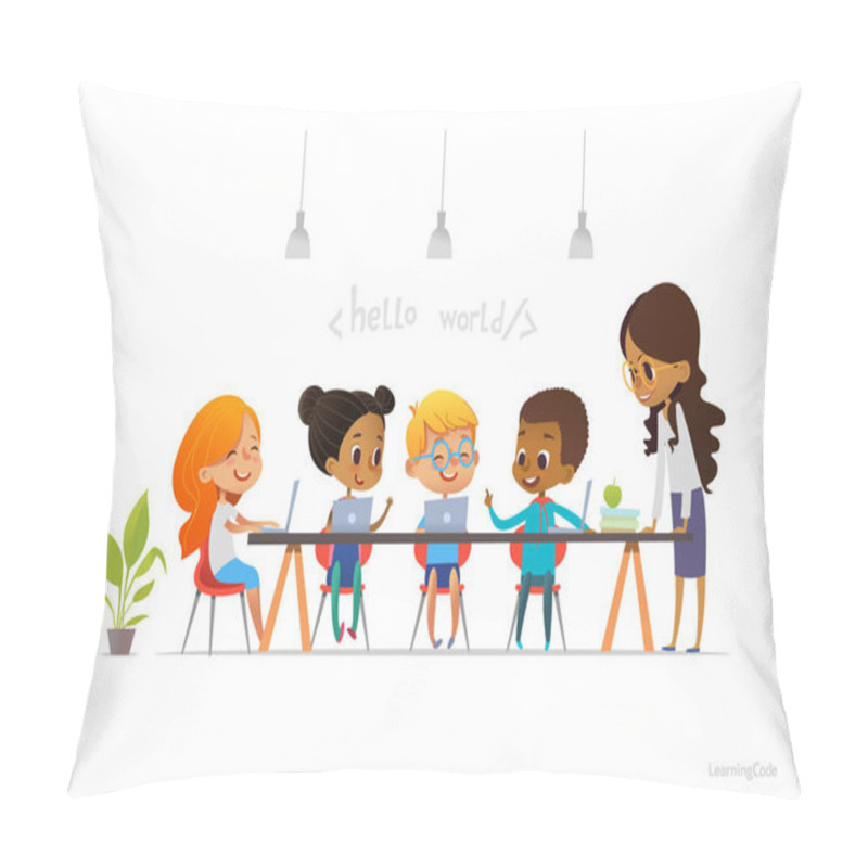 Personality  Happy Children Sitting At Laptops And Learning Programming During School Lesson, Smiling Teacher Standing Near Them. Coding For Kids Concept. Vector Illustration For Website, Advertisement, Poster. Pillow Covers