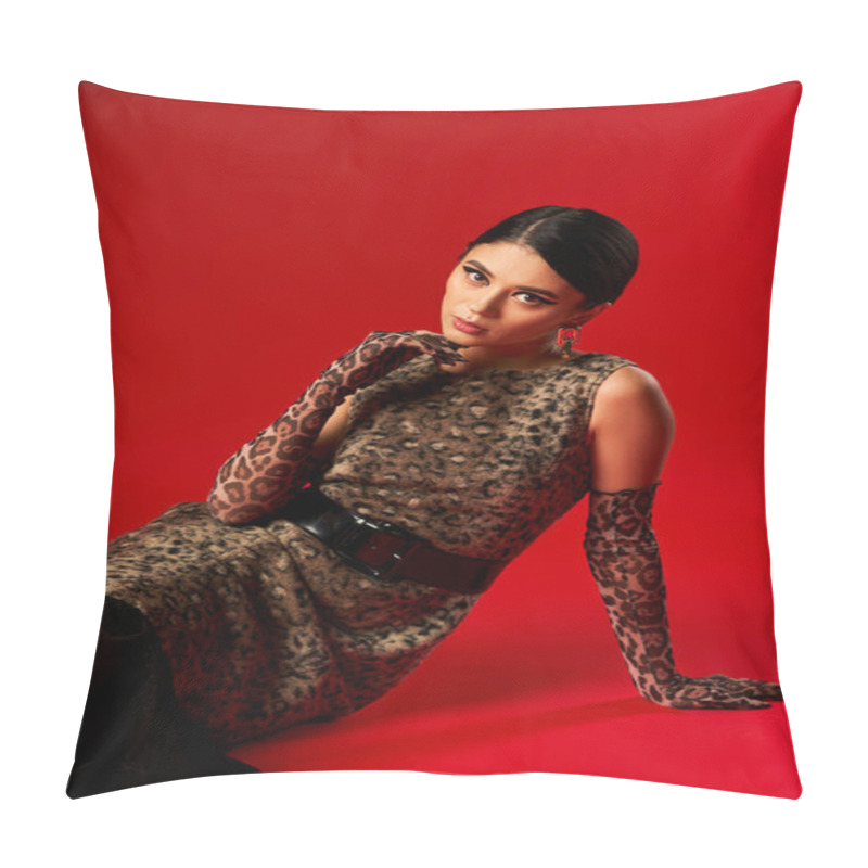 Personality  A Young Woman In A Leopard Print Dress And Gloves Poses On A Red Background. Pillow Covers