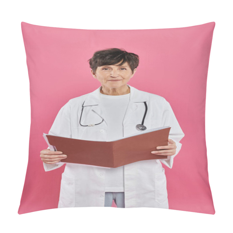 Personality  Mature Oncologist, Female Doctor Holding Folder, Breast Cancer Awareness Concept, Diagnosis Pillow Covers