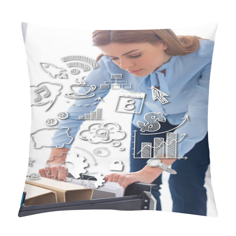 Personality  Attractive Businesswoman Searching Folder With Dossier From Cabinet Driver On White Background, Business Illustration Pillow Covers