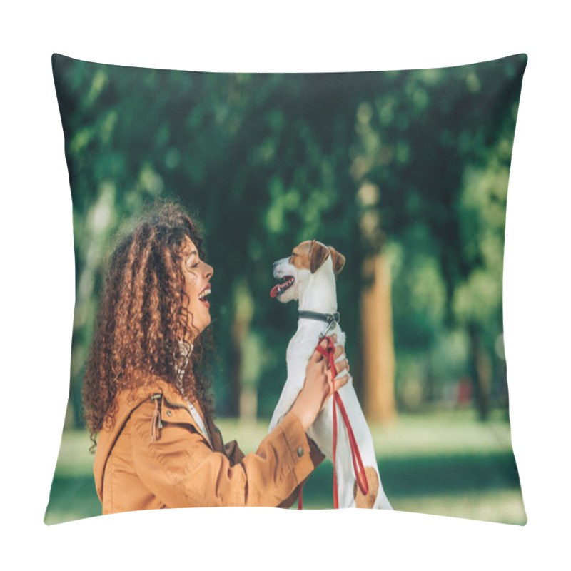 Personality  Side View Of Young Curly Woman Holding Jack Russell Terrier In Park  Pillow Covers