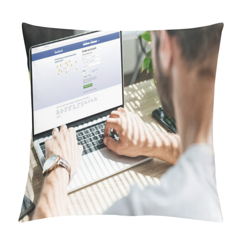 Personality  Partial View Of Man Using Laptop With Facebook Website On Screen Pillow Covers