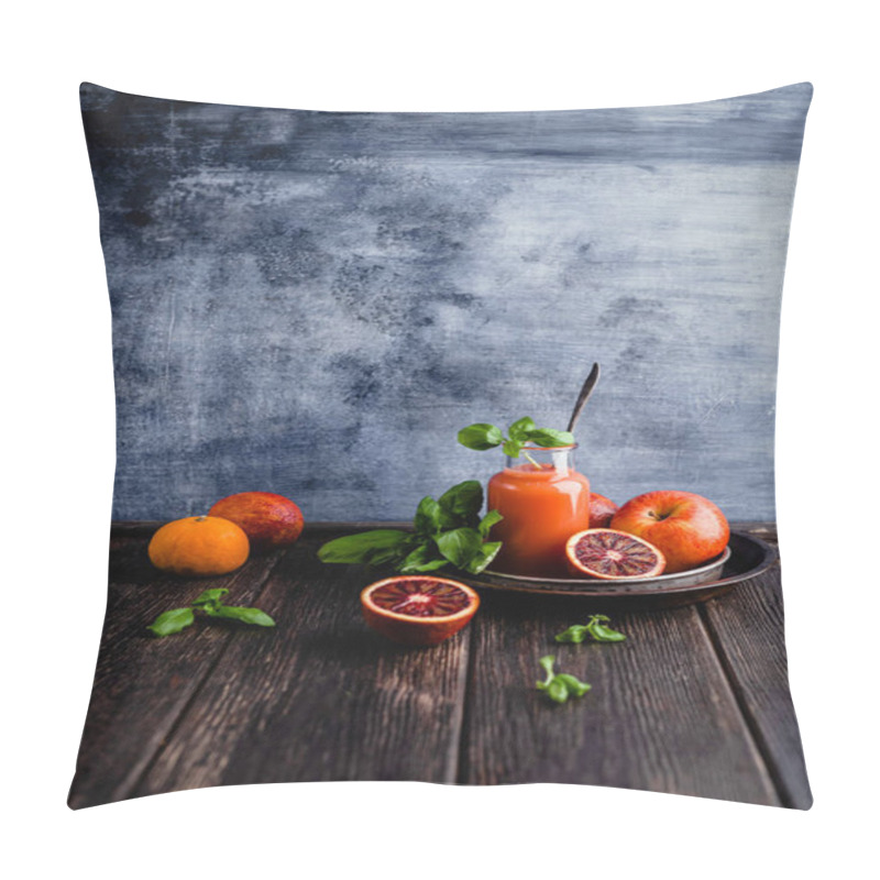 Personality  Organic Blood Oranges Juice In Glass On Wooden Background Pillow Covers