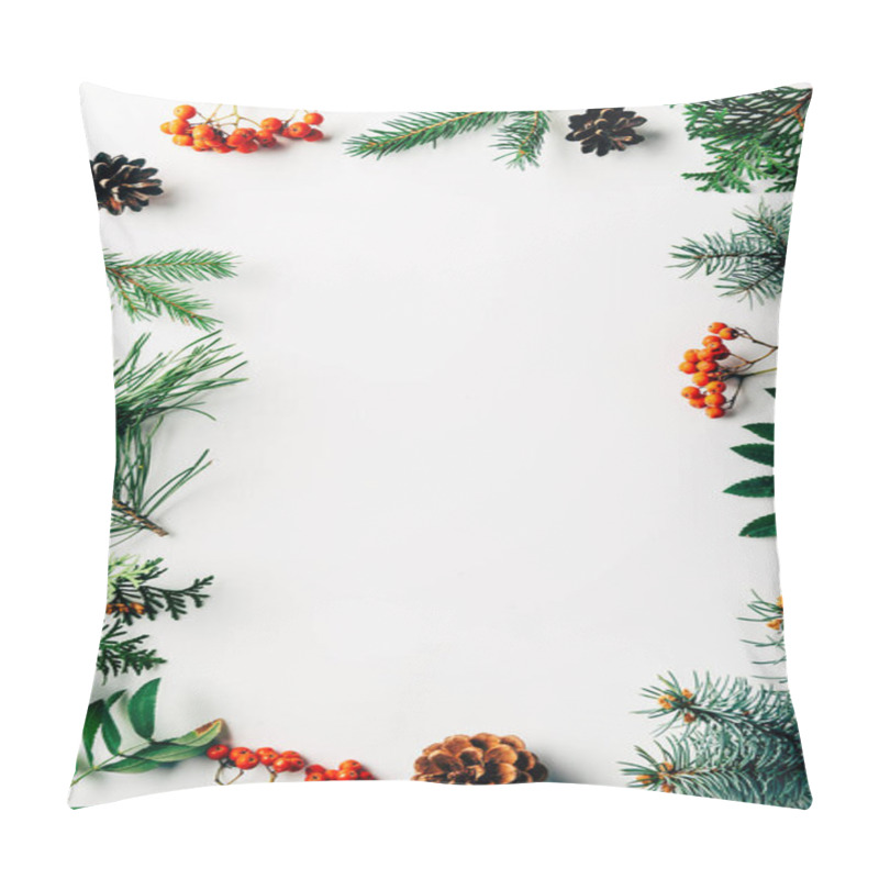 Personality  Flat Lay With Winter Arrangement Of Pine Tree Branches, Cones And Sea Buckthorn On White Backdrop Pillow Covers