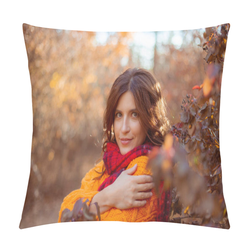 Personality  A Young Woman In An Orange Sweater Wraps Herself In A Scarf In An Autumn Park Pillow Covers