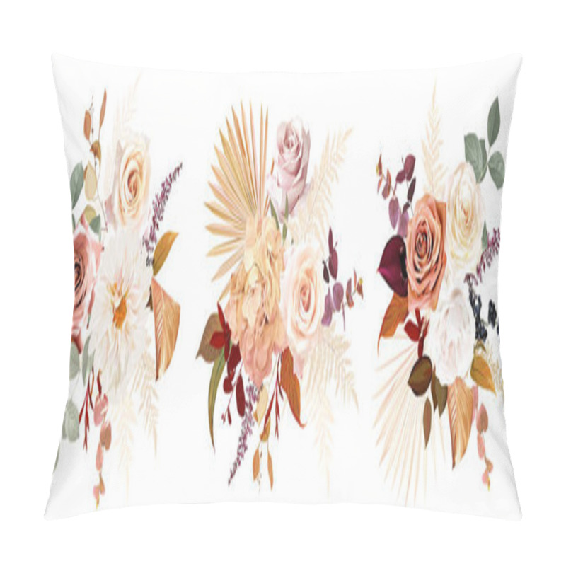 Personality  Rust Orange, Beige, White Rose, Burgundy Anthurium Flower, Pampas Grass, Fern, Dried Palm Leaves Vector Design Bouquets.Trendy Flowers. Gold, Brown, Rust, Taupe. Elements Are Isolated And Editable Pillow Covers