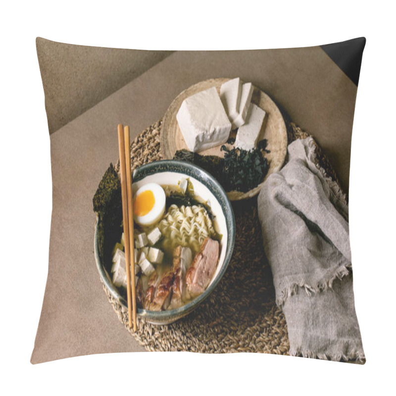 Personality  Homemade Asian Style Soup Ramen With Noodles, Grilled Duck Breast, Tofu, Seaweed Nori Chips And Boiled Egg In Ceramic Bowl With Chopsticks And Spoon On Brown Kitchen Table Pillow Covers