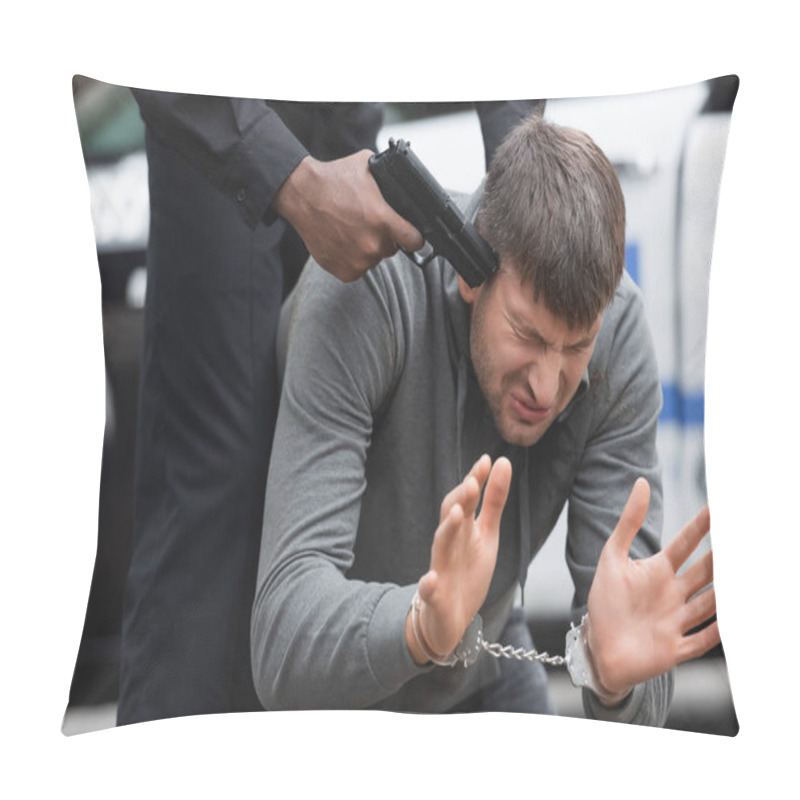 Personality  African American Policeman Aiming With Pistol At Scared Offender On Blurred Background Outdoors Pillow Covers