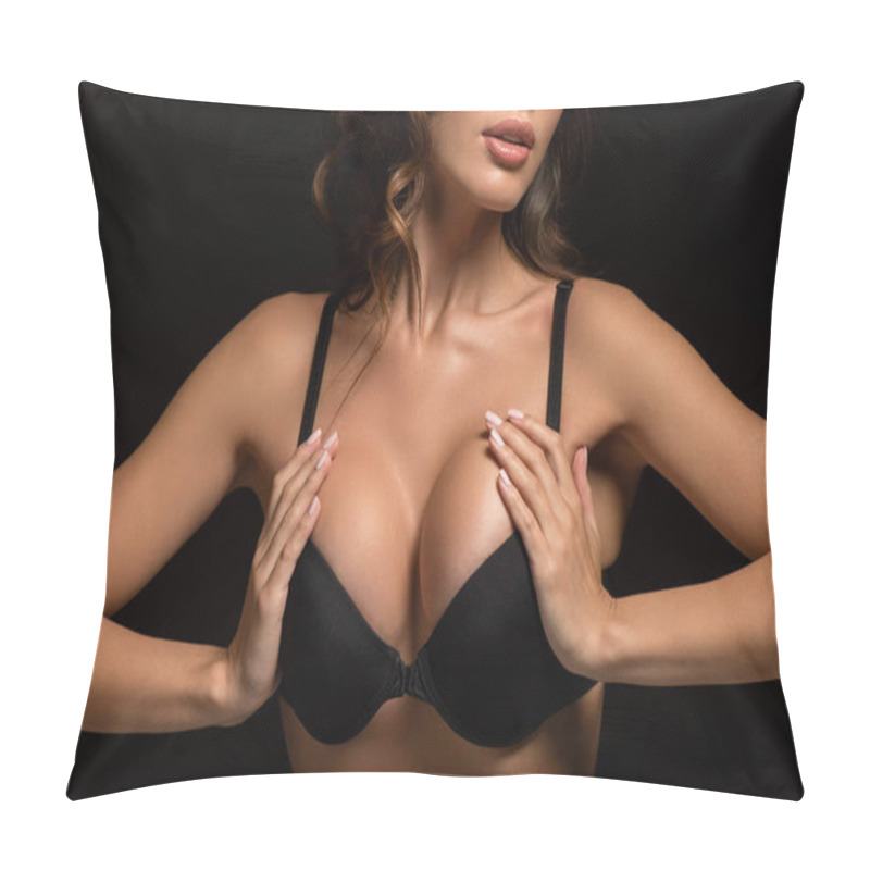 Personality  Cropped View Of Passionate Girl In Black Bra Touching Big Breasts Isolated On Black Pillow Covers