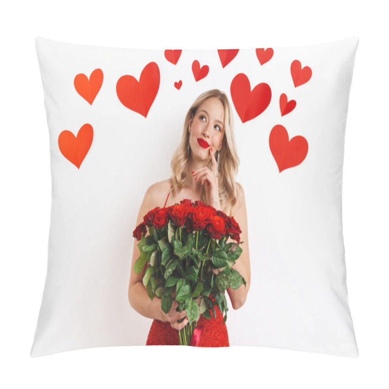 Personality  Happy Beautiful Girl In Red Dress Dreaming And Holding Roses Isolated Over White Background With Hearts Pillow Covers