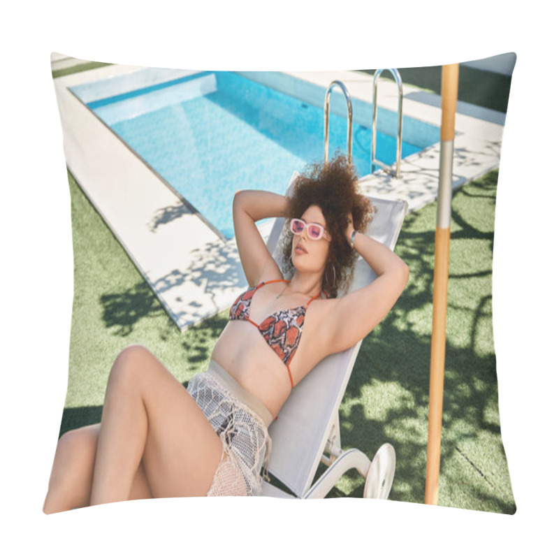 Personality  A Woman In A Bikini Relaxes By The Pool On A Sunny Day. Pillow Covers