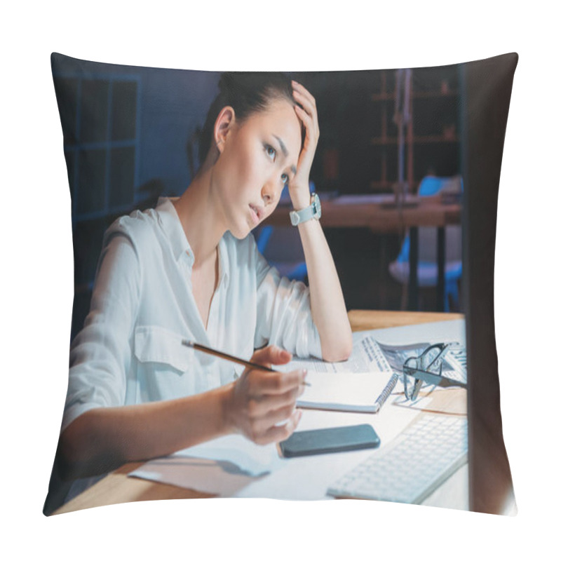 Personality  Businesswoman Working Late In Office  Pillow Covers