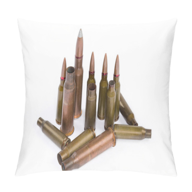 Personality  Spent Cartridge Cases From Assault Rifles Or Submachine Guns And Unused Cartridges Different Caliber, Close-up In Selective Focus On A White Background Pillow Covers