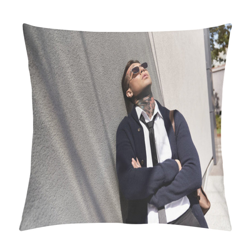 Personality  A Young Man With Tattoos Relaxes Against A Wall, Enjoying The Warm Sun And Fresh Air. Pillow Covers