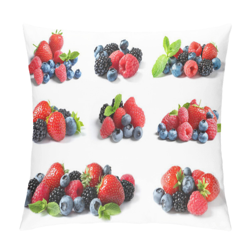 Personality  Set With Raspberries And Other Berries On White Background Pillow Covers