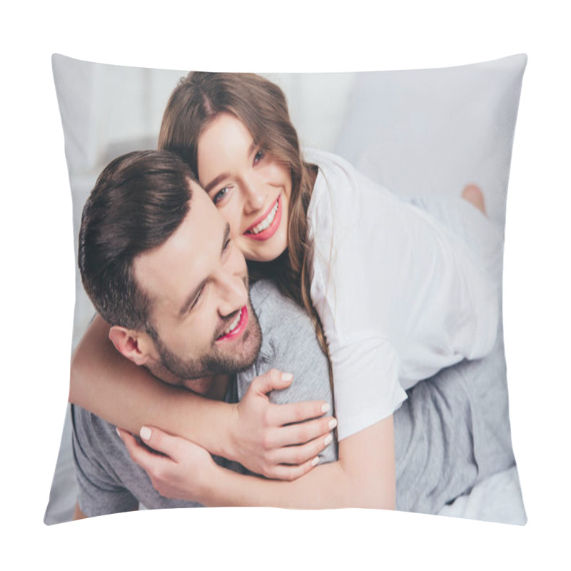 Personality  Selective Focus Of Young Loving Couple Hugging And Smiling In Bed Pillow Covers