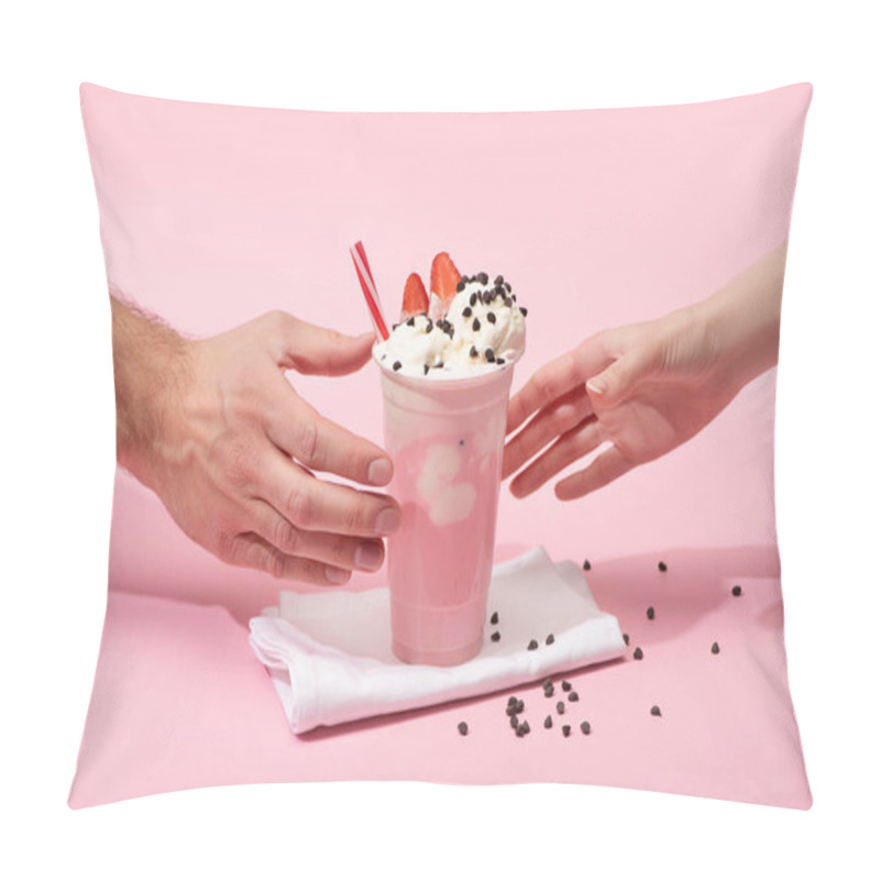 Personality  Partial View Of Female And Male Hands With Disposable Cup Of Strawberry Milkshake With Chocolate Morsels On Napkins On Pink Pillow Covers