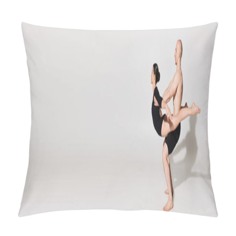 Personality  A Shirtless Young Man And A Woman Dance Together, Performing Acrobatic Moves In A Studio Against A White Background. Pillow Covers