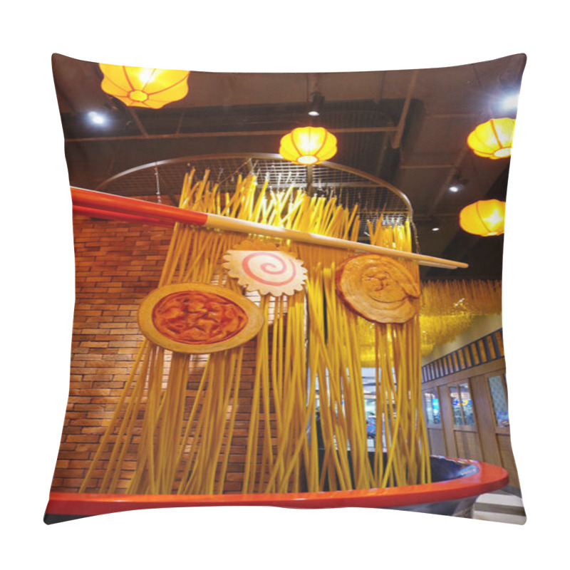 Personality  BANGKOK, THAILAND  - 9 DEC : Ramen Noodles Sculpture Interior Decorate At Wall On 9 December 2024 In Bangkok, Thailand Pillow Covers