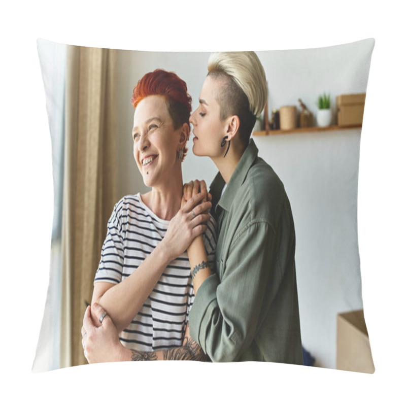 Personality  A Woman Lovingly Kisses Partners Face In Front Of A Window, Sharing A Tender Moment. Pillow Covers