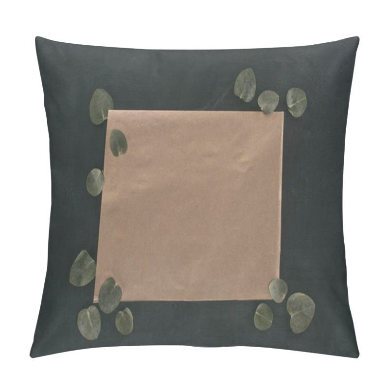 Personality  Top View Of Blank Paper Envelope With Eucalyptus Leaves Over Black Background Pillow Covers