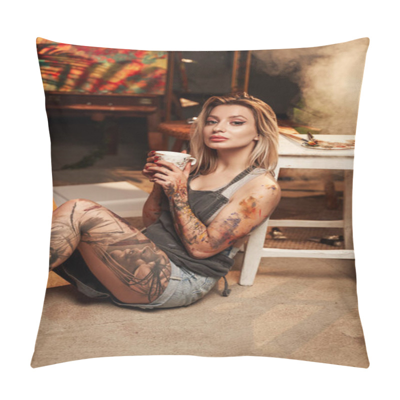 Personality  Charming Female Painter With Apron And Coffee Cup In Dark Room Pillow Covers